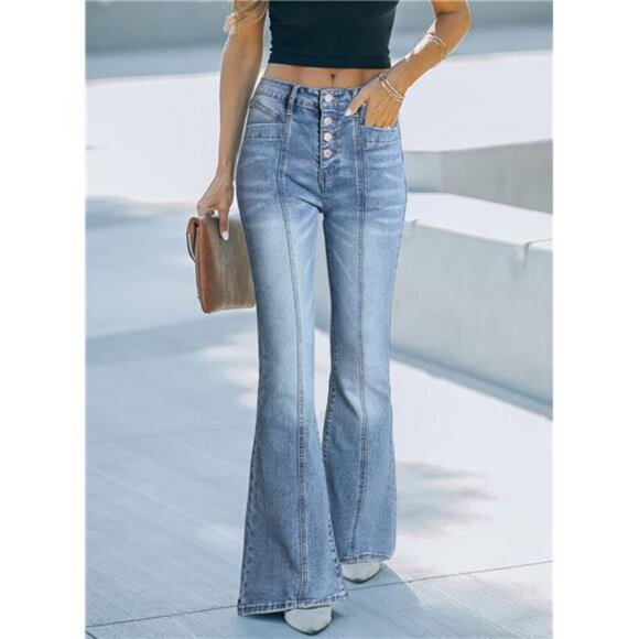 Light Blue Flare Bell Bottom Jeans Wide Leg Button High Waist‎ Bootcut Jeans - Picture 1 of 6